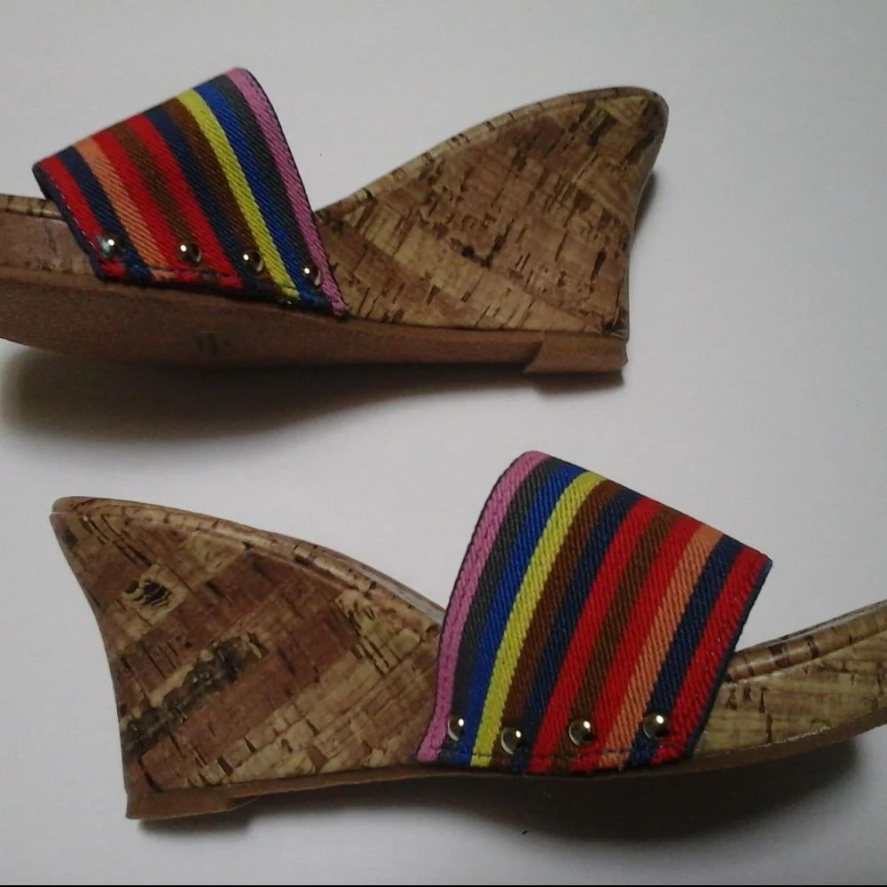 Y2K Vintage Multicolor Rainbow Woven Silver Stud Canvas Cork‎ Espadrille Wedges